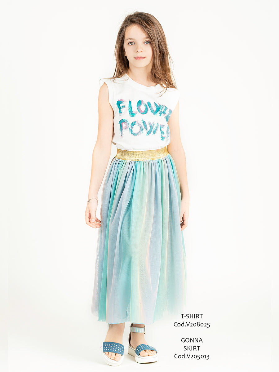 T-shirt elasticizzata in jersey di cotone con scritta a mano "flower power"